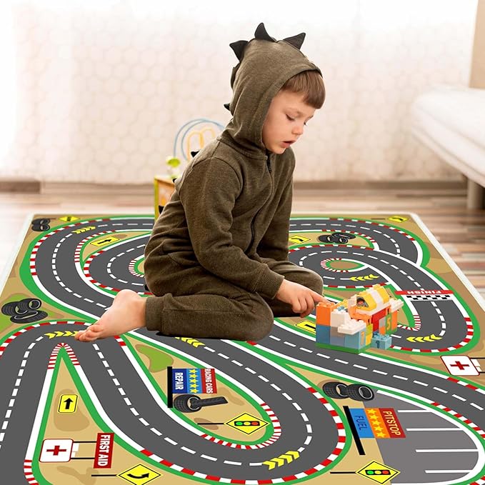 Kids Rug Play mat Playroom Rugs Car Rugs for Kids Toy Cars Race Track for Classroom Rug (Race-Brown, 5.2x7.9ft)-Ruum Studio Home