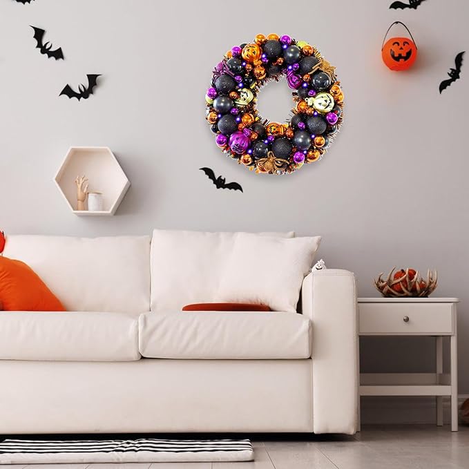 13.8 Inch Halloween Ball Wreath for Front Door with Lights, Lighted Cute Treat-or-Trick Door Wreath Ball Ornament for Halloween Indoor Decorations Centerpiece Party Holiday Wall Home Decor-Ruum Studio Home