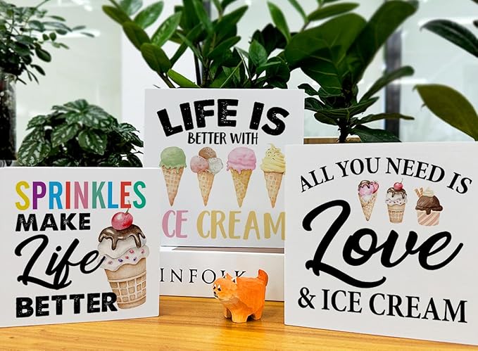 3 Pcs Summer Ice Cream Wood Box Signs Decor Farmhouse Summer Ice Cream Tiered Tray Decor Table Desk Shelf Kitchen Decoration Rustic-Ruum Studio Home