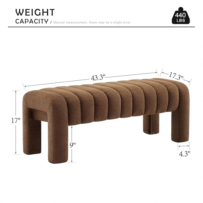 43.3" Bedroom Bench, Upholstered Entryway Bench, Modern End of Bed Ottoman with Solid Wood Legs and Adjustable Foot Pegs for Entryway, Dining Room and Living Room (Brown Boucle)-Ruum Studio Home