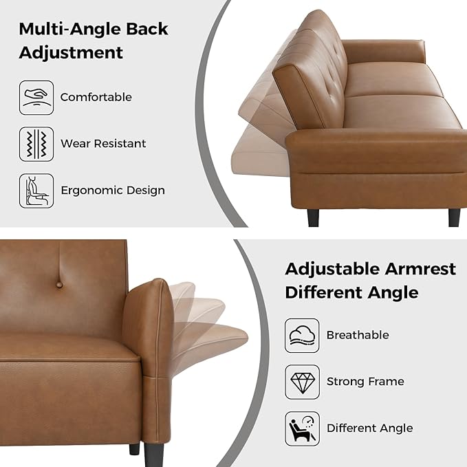 89” Futon Sofa Bed, Faux Leather Futon Couch Bed with 2 Square Pillows, Convertible Sleeper Sofa with Adjustable Backrest& Armrests, Modern Loveseat Sleeper for Living Room, Bedroom, Brown-Ruum Studio Home