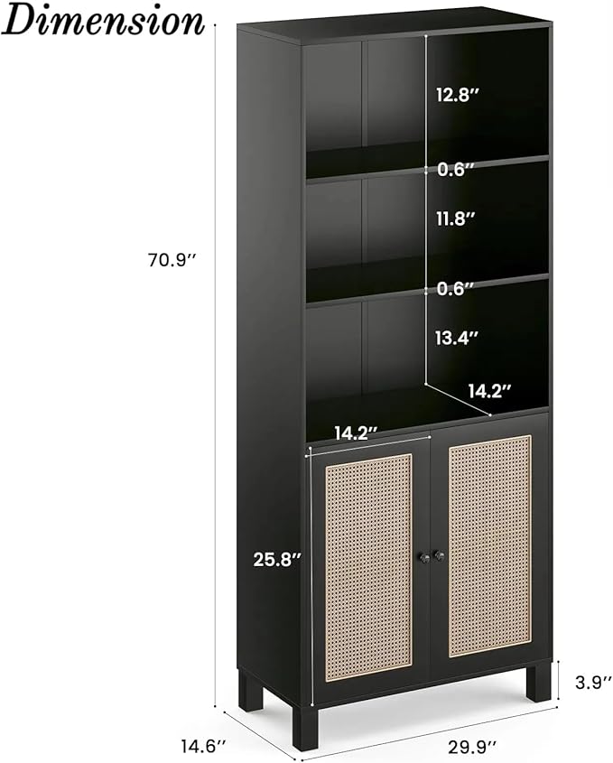Tall Bookshelf, 5-Tier Book Shelf with 2 Rattan Doors, Freestanding Bookcase Display Shelves with Large Storage, Book Case for Living Room, Office, Study, Bedroom, 70.9 Inch-Ruum Studio Home