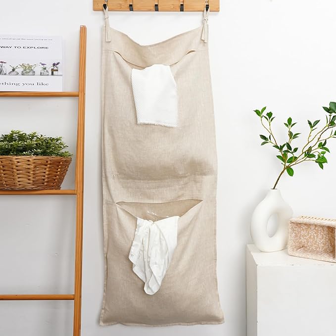 100% Linen Hanging Laundry Bag with 2 Compartments, Over the Door Laundry Hamper, Dirty Clothes Space Saving Organizer 19.7 x 47 Inches, Linen-Ruum Studio Home