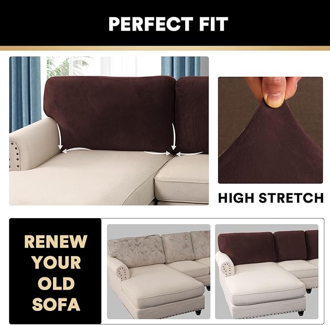 PrinceDeco Sectional Couch Covers Velvet Cushion Covers for Sectional Couch Cushion Covers for Sectional Sofa Separate Sectional Sofa Slipcovers Washable(1 Chaise Back+ 2 Sofa Back,Brown)-Ruum Studio Home