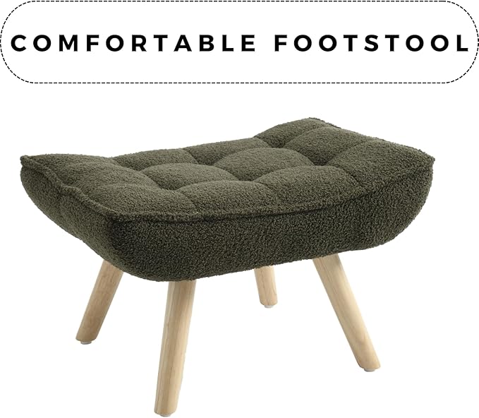 Modern Sherpa Accent Chair with Ottoman Set of 2, Fluffy Upholstered Lounge Chair with Footrest, Comfy Living Room Side Boucle Armchair for Small Space Bedroom, Green-Ruum Studio Home