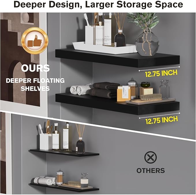 Floating Shelf, Set of 2 Wall Shelf, 36 in W x 12.75 in D x 2 in H Wooden Floating Wall Shelf with Invisible Brackets for Living Room/Bedroom/Bathroom/Kitchen Storage and Decor, Black-Ruum Studio Home
