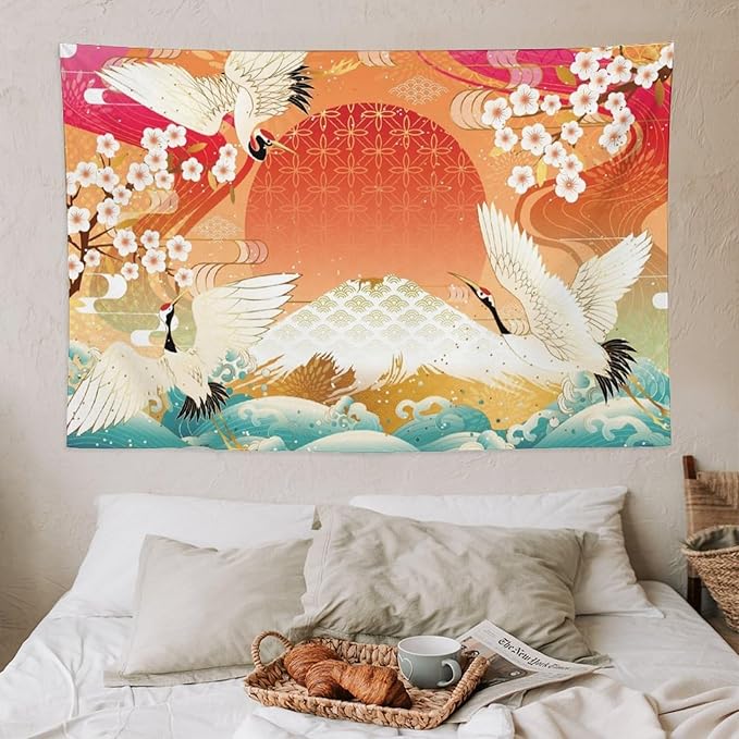 HZOHNAGO Japanese Tapestry Cherry Blossom Crane Sea Wave Fuji Mountain Red Sun Pattern Printed Wall Tapestry Painting Wall Hanging for Bedroom Living Room Dorm 60" W x 40" H-Ruum Studio Home