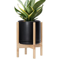 D'vine Dev Ceramic Planter with Natural Stand - 10 Inch Modern Round Flower Pot with Wood Planter Holder, Black, 55-B-K-2-Ruum Studio Home