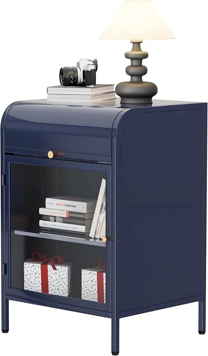 Modern Metal Side Tables, End Tables with Glass Door, 2-Tier Nightstands with Storage Shelves, Accent Table, Slim Sofa Table for Living Room, Bedroom (1, Bule)-Ruum Studio Home