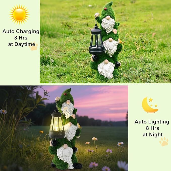 Solar Garden Three Gnome Statue Stacked Flocked with LED Light, Outdoor Waterproof Lawn Ornament Decor for Patio Lawn Yard Pathway Gift Idea for Women Mom Mothers Day-Ruum Studio Home
