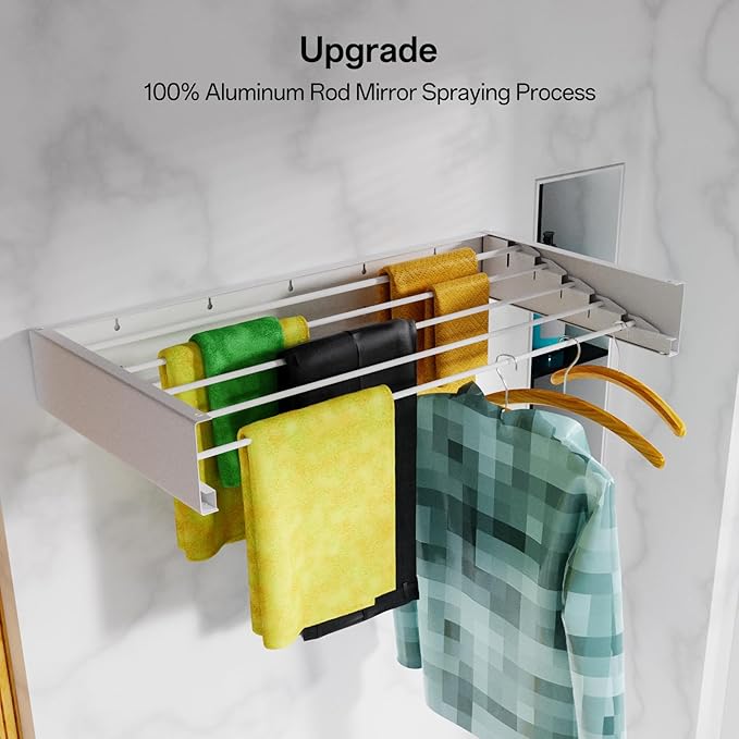 Wall Mounted Drying Rack for Laundry 31.5'', Folding Drying Rack Clothing Wall Mount with 5 Rods, Space Saving for Indoor Outdoor Bathroom Balcony (White 31.5")-Ruum Studio Home