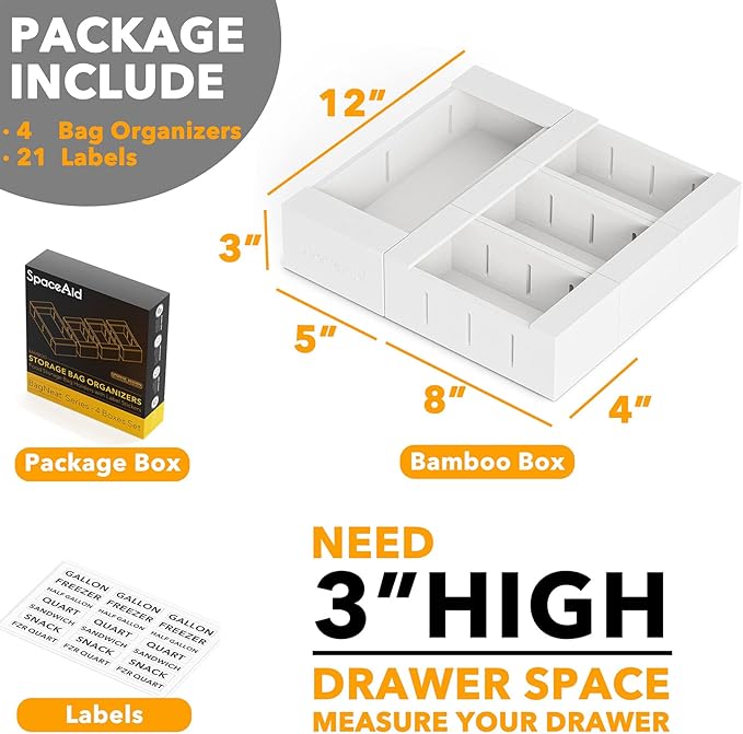SpaceAid Bag Storage Organizer for Kitchen Drawer, Bamboo Organizer, Compatible with Gallon, Quart, Sandwich and Snack Variety Size Bag (4 Pack), White-Ruum Studio Home