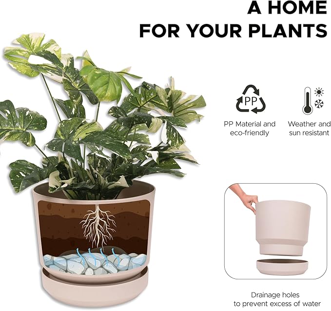 Elly Décor 12 inch Plastic Cylinder Planter Pot with Self-Watering Saucer and Drainage Hole,Lightweight & Extremely Durable, 12"x 12", Ivory-Ruum Studio Home