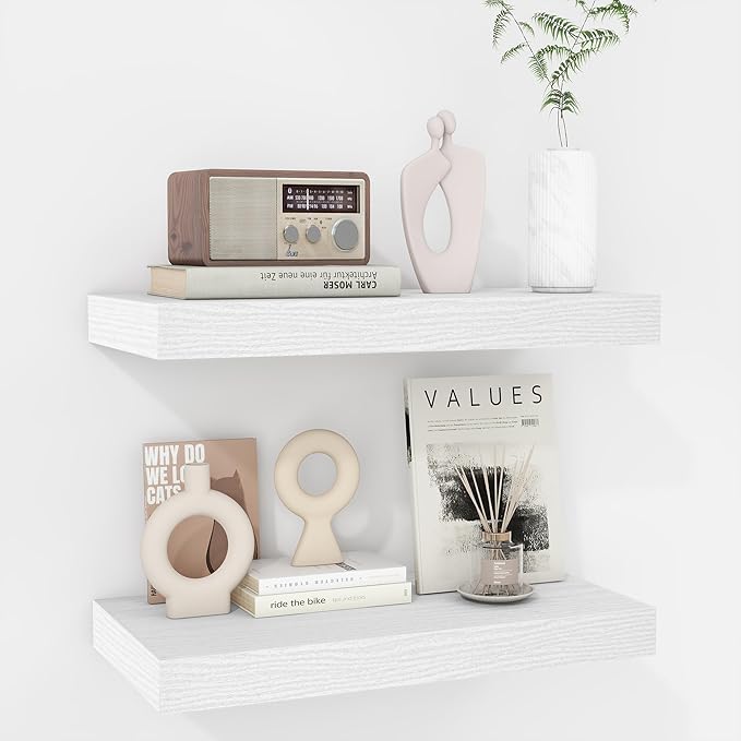 Fun Memories 16 Inch Floating Shelves - Deep Rustic White Wooden Wall Shelves - Extra Deeper & Thicker Wall Mounted Storage Shelf for Bedroom, Kitchen, Farmhouse - 2 Pack, Rustic White-Ruum Studio Home