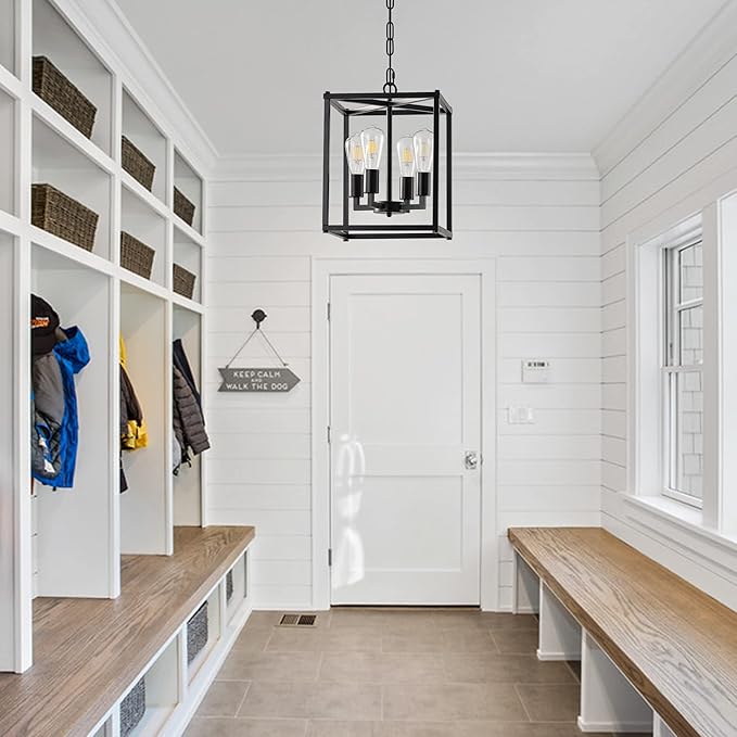Lantern Pendant Light, 4-Light Black Chandelier,Modernized Ceiling Hanging Light Fixture for Bedroom Kitchen Island Foyer Living Room Dining Room Hallway-Ruum Studio Home