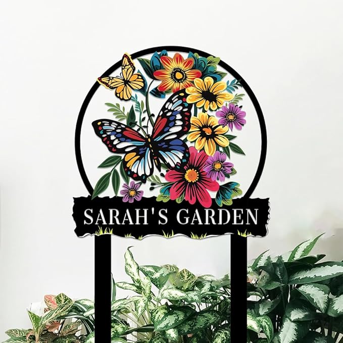 Personalized Butterfly Metal Sign with Stake,Custom Gardener Family Name Signs Outdoor Decorate,Customized Garden Accessories Decor for Mother's Day,Sunflowers Plaques for Patio Lawn Porch Backyard-Ruum Studio Home