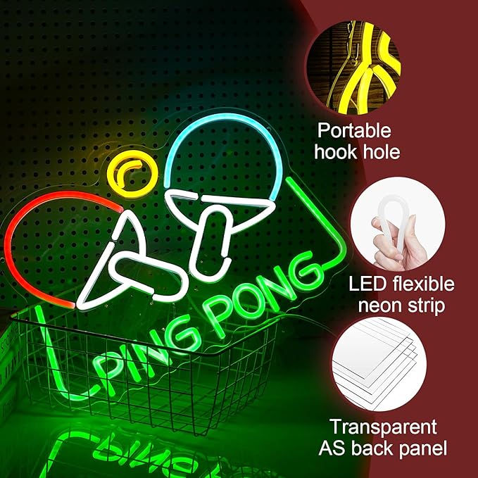 Ping Pong Neon Sign Table Tennis LED Light Up Sign for Wall Decor 16.5*11.4 In USB Dimmable Ping Pong Neon Light for Gymnasium Game Room Bedroom Gift for Table Tennis Enthusiasts(Multicolored)-Ruum Studio Home