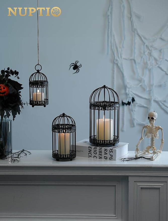 NUPTIO Vintage Bird Cage Lantern: Black Hanging Bird Cage Decor Candle Lanterns for Centerpiece - Large Birdcage Pillar Candles Holder for Halloween Christmas Bridal Shower 10 Inch H-Ruum Studio Home