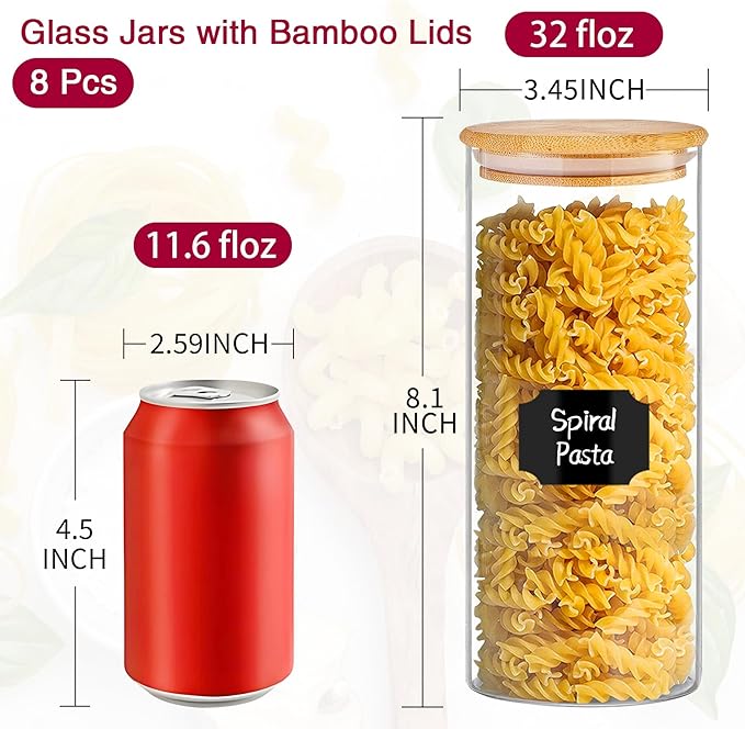 32 oz 8 Pcs Glass Jars with Bamboo Lids, Stackable Clear Food Storage Jars, Airtight Kichen Glass Pantry Storage Containers with Lids for Rice, Candy, Sugar, Flour, Nuts, Cookie, Coffee Bean-Ruum Studio Home