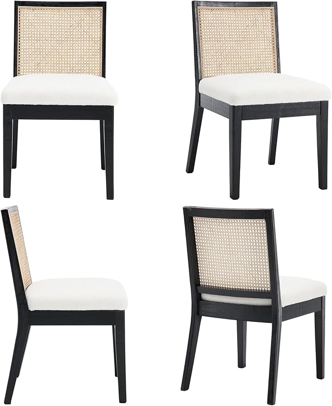 VESCASA Upholstered Dining Chairs with Square Rattan Back, Armless Padded Sherpa Fleece Cushion Dining Chairs with Wood Legs for Dining Room, Kitchen, Set of 4, Black Frame-Ruum Studio Home