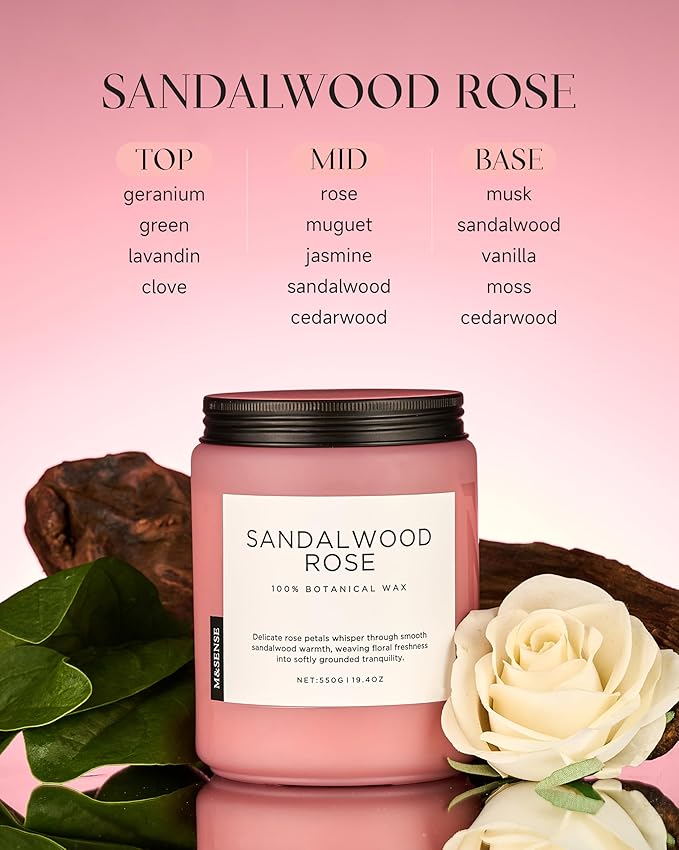 M&SENSE Sandalwood Rose Scented Candle 19.4oz 110 Hours Long Lasting Burn Natural Soy Wax Strong Scented Candle for Home, 2 Wick Home Fragrance Slow Burning Housewarming Gifts for Men Women-Ruum Studio Home