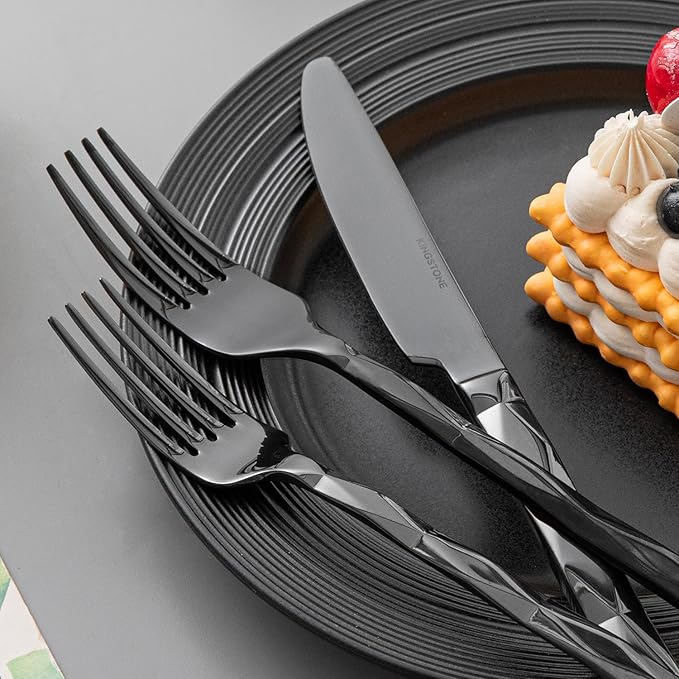 KINGSTONE Black Silverware Set, Luxury 40 Piece Flatware Set for, 18/10 Stainless Steel Cutlery Set with Diamond Cut Pattern for Kitchen, Home, Wedding, Party, Mirror Polished and Dishwasher Safe-Ruum Studio Home