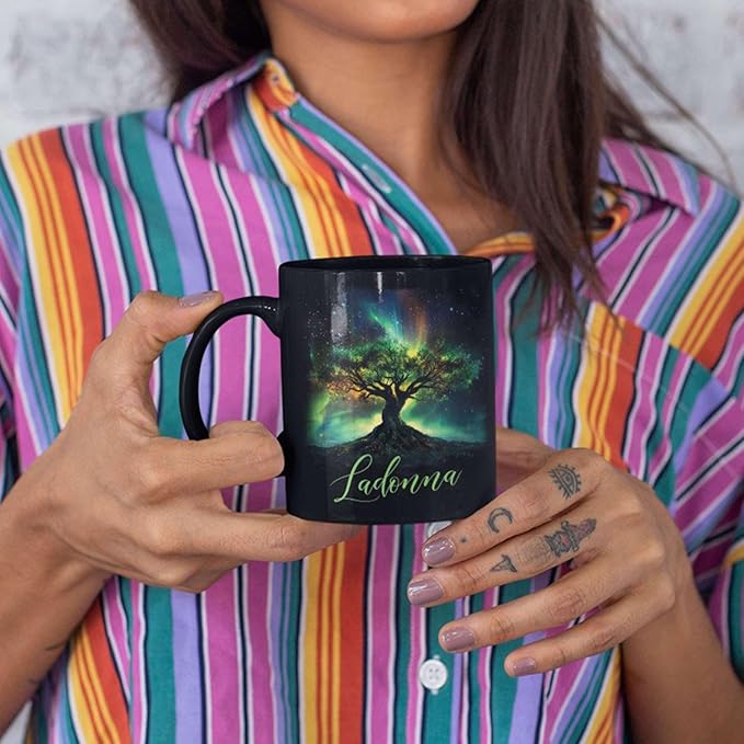 Custom Unique Name Coffee Cup, Customized Mystical Nature Inspired Mug 11oz 15oz, Personalized Enchanted Tree With Northern Lights Ceramic Cup, Nature Black Mug, Gift For Women Men-Ruum Studio Home