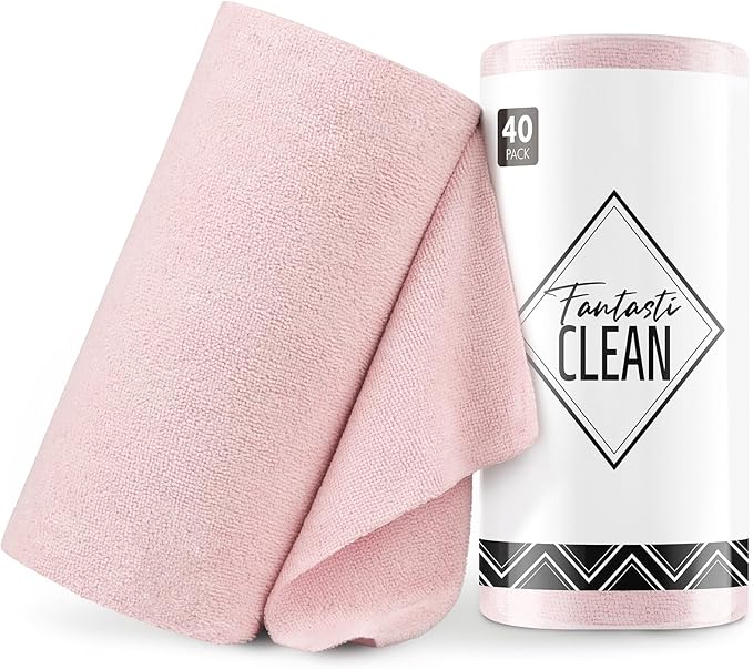 Fantasticlean Microfiber Cleaning Cloth Roll -40 Pack, Tear Away Microfiber Towels, 12" x 12", Reusable, Washable, Scratch Free, Ultra Absorbent Dish Rags for Car, Home, Garage or Shop (Pink)-Ruum Studio Home