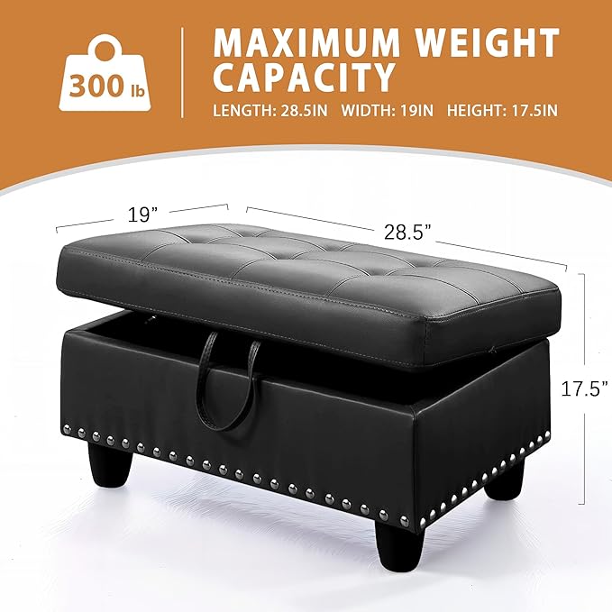 Ottoman Rectangular Storage Ottoman Bench, Faux Leather Footrest, Coffee Table, Stool Footstool with Hinged Lid for Living Room, Bedroom, Entryway, Black, 28.5"x19"x17.5"-Ruum Studio Home