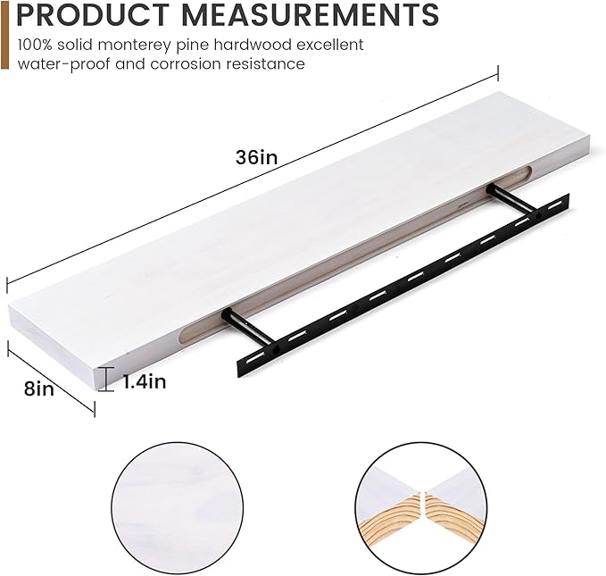 Floating Shelves 36 Inches Long - 8 Inch Deep Rustic Premium Solid Pine Wood for Storage - Farmhouse Wall Mounted for Living Room - Heavy-Duty Metal Bracket - 36" W x 8" D - Set of 2 - White Color-Ruum Studio Home