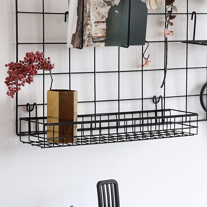 FRIADE Wall Grid Panel Hanging Basket with Hooks,Bookshelf,Display Shelf,Wall Organizer and Metal Shelving for Home Supplies,1 Set of 3 (Black)-Ruum Studio Home
