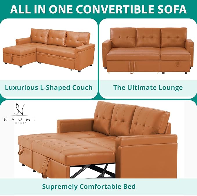 Naomi Home Transform Any Space: Sleeper Sectional Sofa with Convertible Sofa Bed & Inviting Chaise. Find Tranquil Comfort with Stress-Relieving Design & Durable Cushions - Caramel,Air Leather-Ruum Studio Home