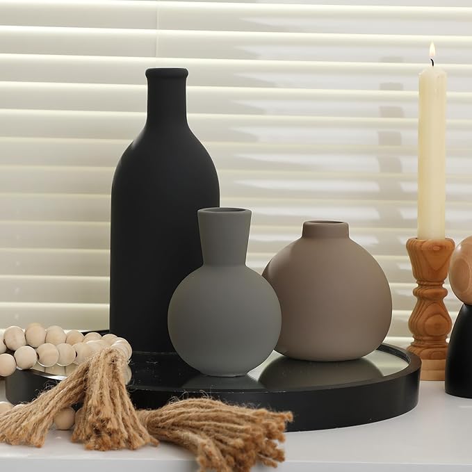 Ceramic Vase Set of 3, Vases Home Decor Rustic Farmhouse Decor Pottery Vases for Bouquet Pampas Grass Dried Fresh Flowers, Living Room, Kitchen, Bedroom, Bathroom, Entryway Mantel, Decor -Multicolor-Ruum Studio Home