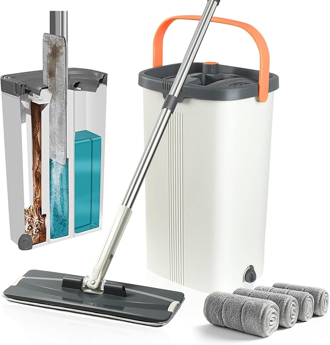 Jelymark Flat Mop and Bucket with Wringer Set, Separates Dirty and Clean Water, 3-Chamber Mop Wet and Dry Use, Not-Hands Squeeze Mops for Floor Cleaning, 4 Reusable Microfiber Mop Pads Included-Ruum Studio Home