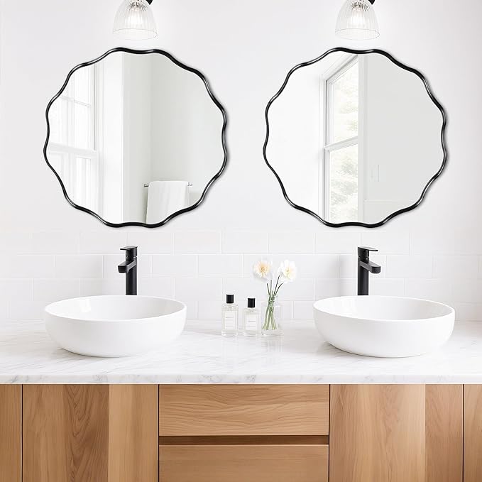 Fabuady Black Round Wavy Edge Mirror - 24'' Circle Wall Mirror with Metal Frame, Decorative Hanging/Leaning Mirror for Bathroom, Bedroom, Living Room, Hallway, Entryway, Office, Home Decor-Ruum Studio Home