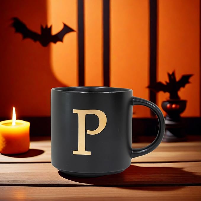 COLLECTIVE HOME - Monogram Ceramic Mugs, 15 oz Golden Initial Black Coffee Cups, Elegant Alphabet Tea Mugs, Elegant Personalized Mug with Gift Box, Unique Mug with Double Side Capital Lette (P)-Ruum Studio Home