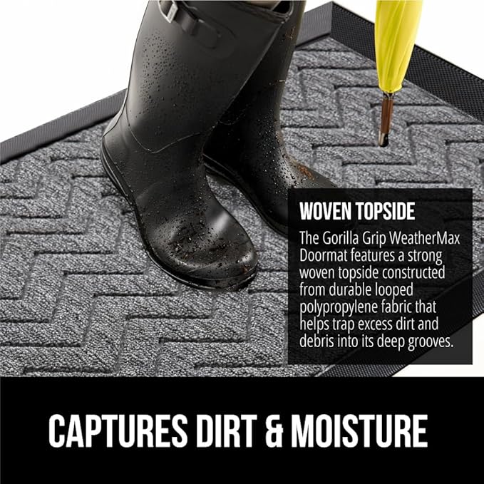 GORILLA GRIP 100% Waterproof All-Season WeatherMax Doormat, 60x24, US Designed Natural Rubber, Stain and Fade Resistant, Low Profile Indoor Outdoor Door Mats, Easy Clean Patio Mat, Steel Chevron-Ruum Studio Home