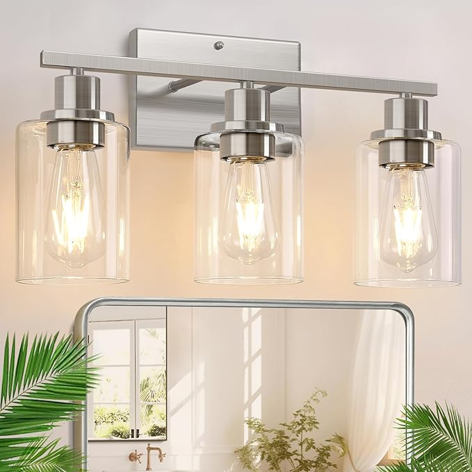 3-Light Bathroom Light Fixtures, Brushed Nickel Vanity Lights with Clear Glass Shades, Modern Bathroom Wall Lamp for Mirror Living Room Cabinet Bedroom Porch-Ruum Studio Home