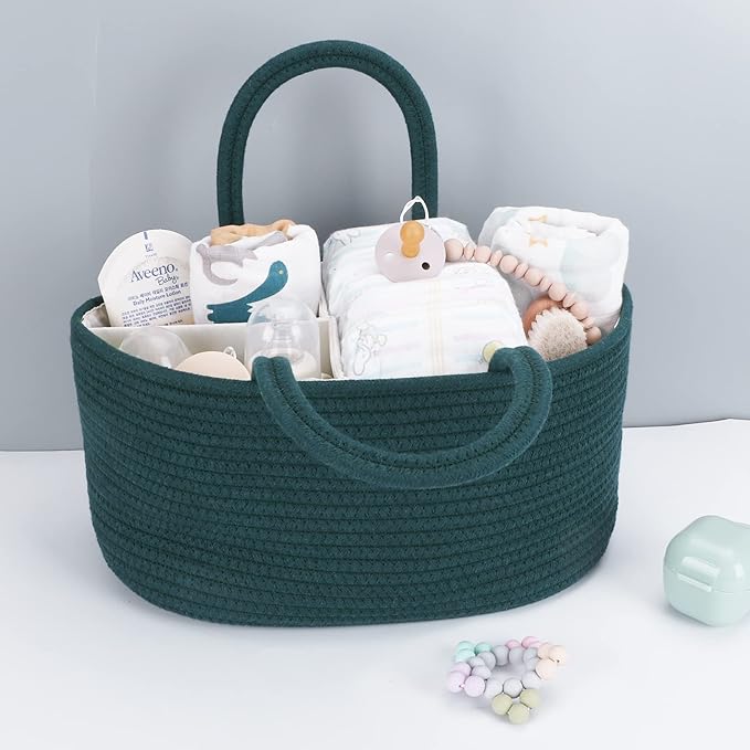 Baby Diaper Caddy Organizer for Girl Boy Rope Nursery Storage Bin Basket Portable Holder Tote Bag for Changing Table Car Travel Baby Shower Gifts Newborn Essentials Registry Must Have Items Dark Green-Ruum Studio Home