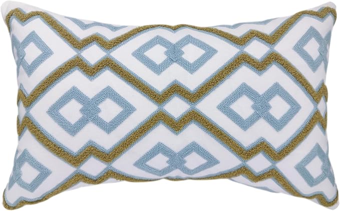 Alysheer Embroidered Lumbar Decorative Throw Pillow Cover 12"x 20", Classic Boho Geometric Embroidery Pattern Cotton Rectangular Cushion Case for Sofa Couch Living Room Bedroom (Blue Khaki)-Ruum Studio Home