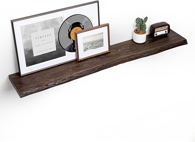 Floating Shelves for Wall, 55"x9.3" Rustic Solid Live-Edge Elm Wood Wall Shelves, Heavy-Duty Floating Shelves with Invisible Brackets, Set of 2 for Living Room, Bedroom, and Kitchen, Walnut Finish-Ruum Studio Home