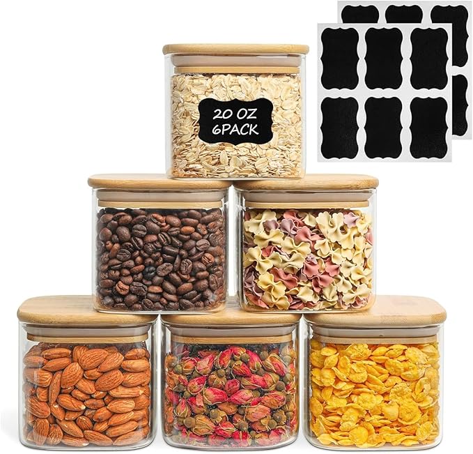 ComSaf 0.6 Qt Glass Food Storage Jars Set of 6, Clear Storage Containers with Airtight Lids, Pantry Organization Jar, Spice Jar, Blooming Tea, Coffee and Sugar Container, Canister Set for Kitchen-Ruum Studio Home