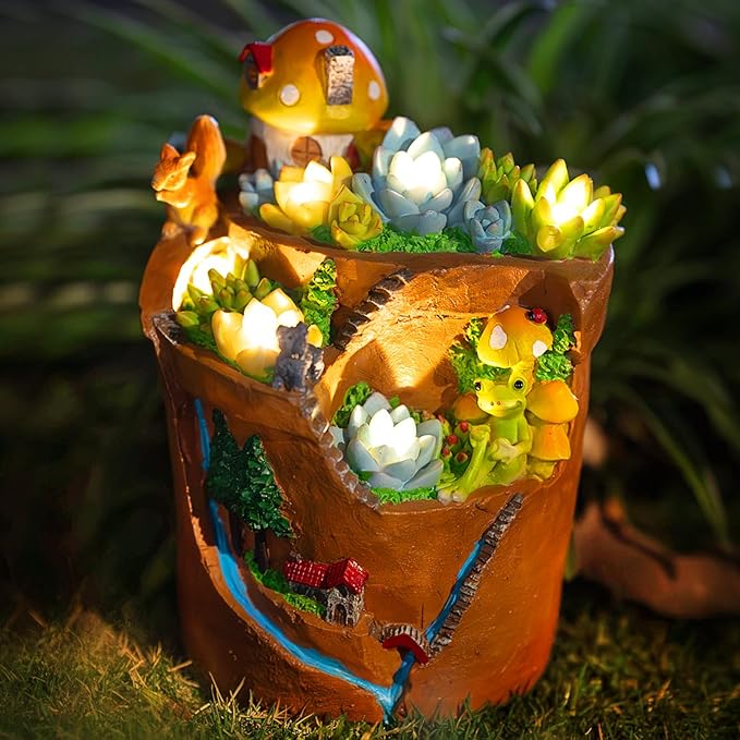 Garden Solar Figurine Light - Flowerpot Succulent Solar Light Outdoor, Solar Powered Lighting Outside Decorations Yard Art Lawn Ornaments for Porch Patio Balcony - Succulent Gifts for Women Mom-Ruum Studio Home