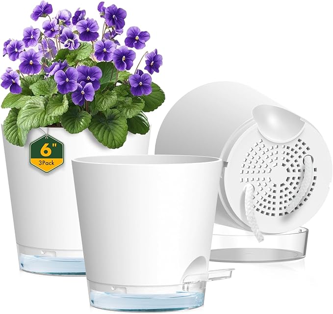 6 inch Self Watering Pots for Indoor Outdoor Plants, 3 Pack Flower Plant Pots with Drainage Holes and Clear Reservoirs, Visible Water Level, Plastic Planters with Wicking Rope, White-Ruum Studio Home