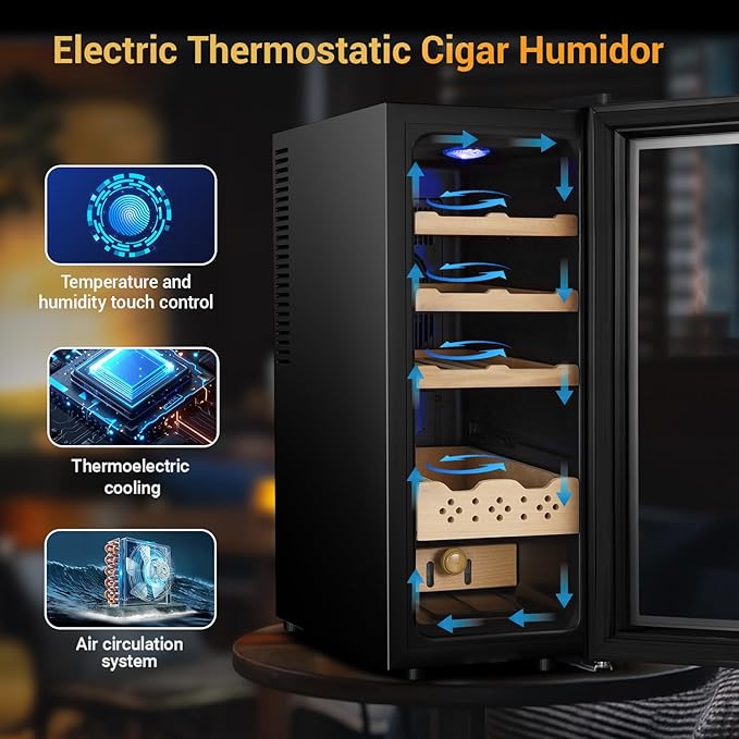 Electric Humidor for Cigars, 35L 250 Counts Large Capacity Thermostatic Desktop Humidor Cabinet with Digital LED Screen, Safety Lock,Smart Humidity & Temp Control, Gifts for Men-Ruum Studio Home