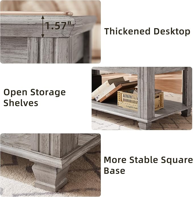 Farmhouse Coffee Tables for Living Room,Square Tea Table with Open Storage Shelf,Large Coffee Table,Rustic Wooden Center Table,Gray-Ruum Studio Home