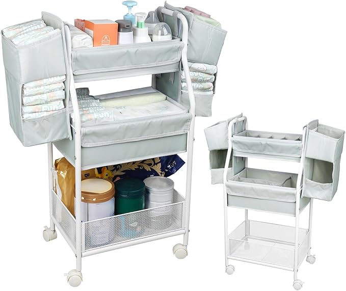 Moteph Rolling Utility Cart with Side Storage - Diaper Organizer, Nursery Essentials, and Craft Organizer (with_Side_Storage)-Ruum Studio Home