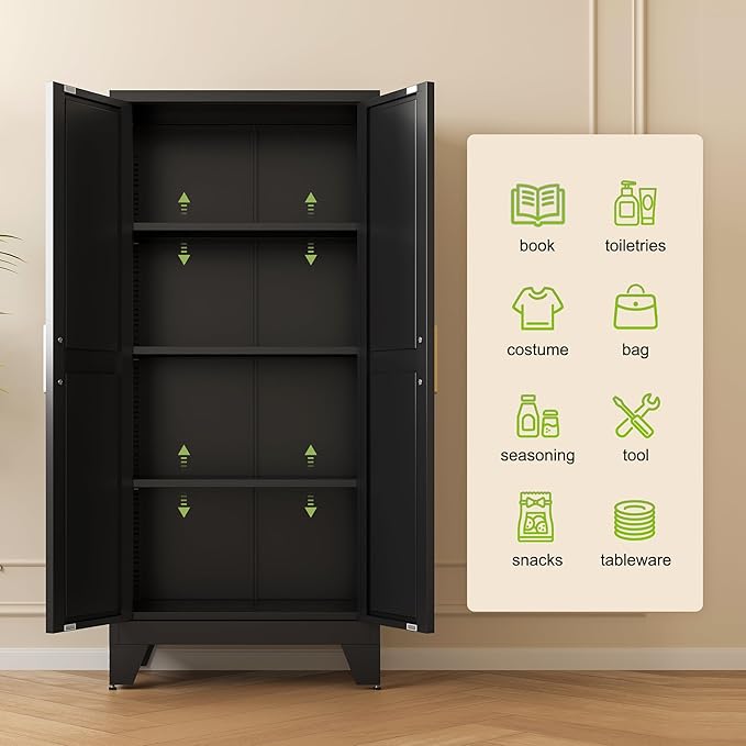 61" Tall Farmhouse Metal Pantry Cabinet, Kitchen Pantry Storage Cabinets with 2 Barn Door and Adjustable Shelves,Metal Pantry Storage Cabinet,for Kitchen,Laundry Room,Home Office,Kids Room (Black)-Ruum Studio Home