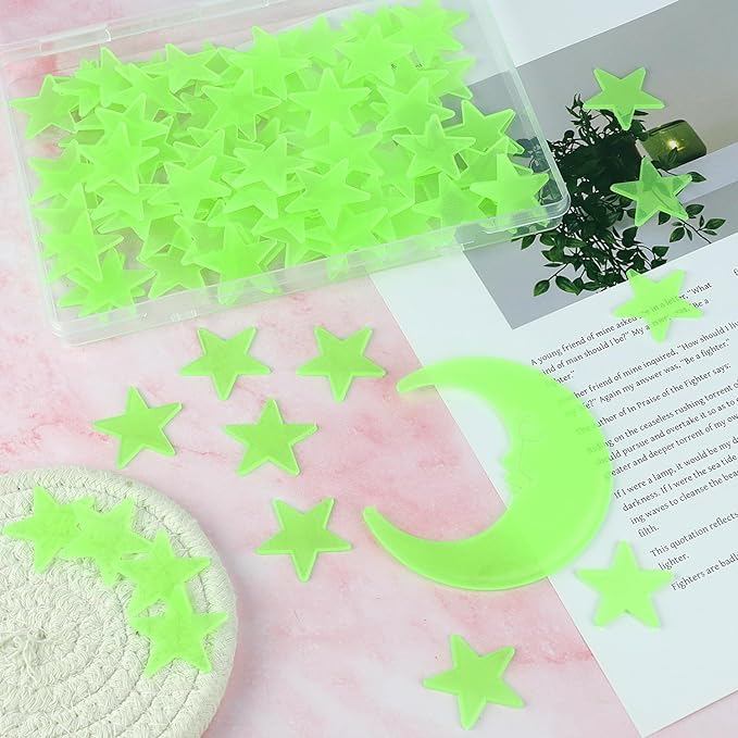 100 Stars and 1 Moon Glow in The Dark Luminous Fluorescent 3D Plastic Glow Stars Moon for Ceiling, Glowing Wall Stickers Create a Realistic Starry Sky, Room Decorations (Green)-Ruum Studio Home