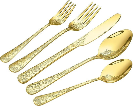 Floral 40 Pcs Gold Silverware Set for 8, Food Grade Stainless Steel Flatware Set with Rose Flower Embossed Design, Eating Utensils Sets Include Fork/Knife/Spoon, Reusable Cutlery Set, Dishwasher Safe-Ruum Studio Home